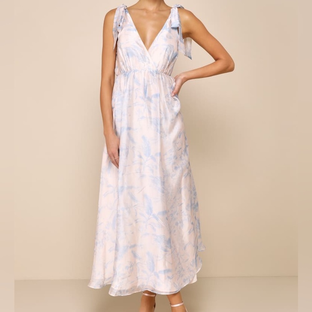 Breathtaking Charm Blush and Blue Floral Tie-Strap Maxi Dress